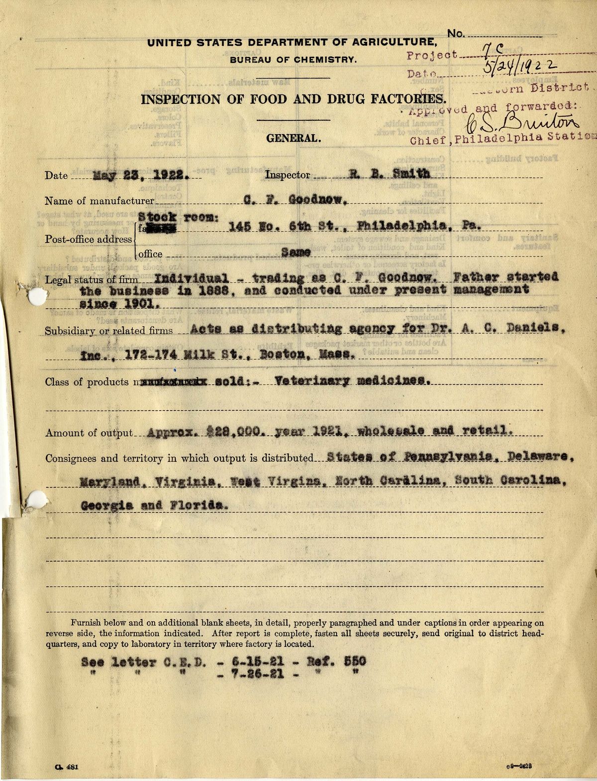 A typed 1922 US Department of Agriculture factory inspection form, filled in and signed by the inspector.